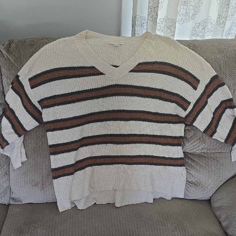 American Eagle Outfitters Cream and Brown V-Neck Sweater